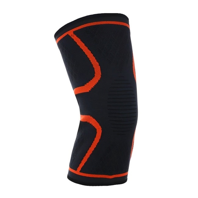Genouillère FlexiSupport pour un soutien optimal des genoux, soulagement des douleurs et confort durable pour les activités sportives et quotidiennes, disponible sur Mr Bon Plan. De couleur orange et noir sur fond blanc.