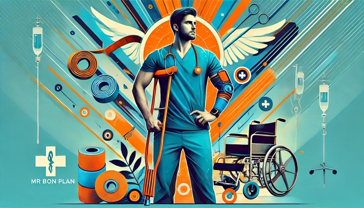 un infirmier avec des ailes d'anges qui se tiens sur une béquilles entouré de matériels médicales et de rééducations .