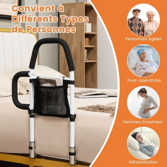 barre de lit avec sac de rangement installé sur un lit avec descriptif de qu'el type de personne peut en avoir besoin