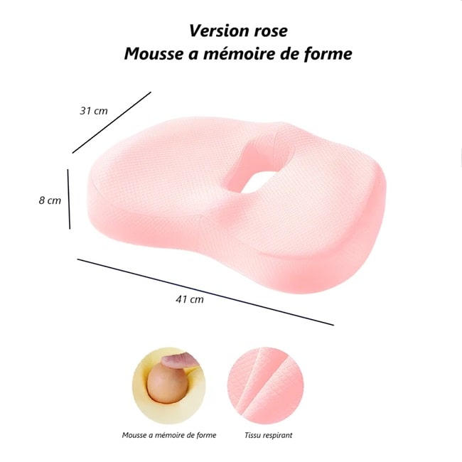 coussin d'assise ergonomique a mémoire de forme de couleur rose