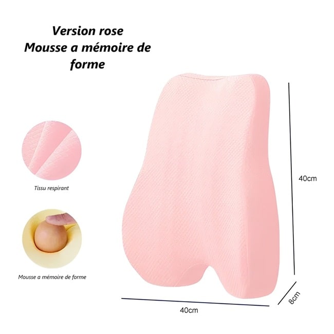 coussin dossier ergonomique a mémoire de forme de couleur rose