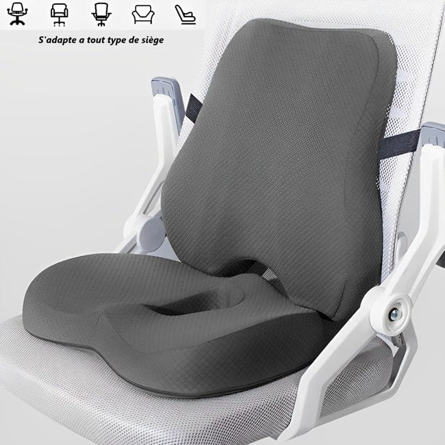 ensemble de cousin dos et assise ergonomique a mémoire de forme de couleur grise installé sur une chaise de bureau