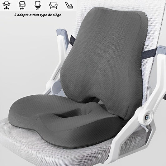 ensemble de cousin dos et assise ergonomique a mémoire de forme de couleur grise installé sur une chaise de bureau