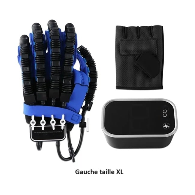 Gant de rééducation gauche taille XL avec son boitier de contrôle et son gant miroir sur fond blanc