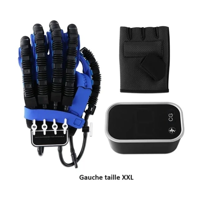 Gant de rééducation gauche taille XXL avec son boitier de contrôle et son gant miroir  sur fond blanc