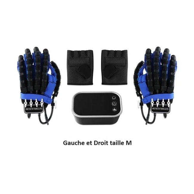 Gant de rééducation gauche et droit taille M avec son boitier de contrôle et leur gants miroir  sur fond blanc