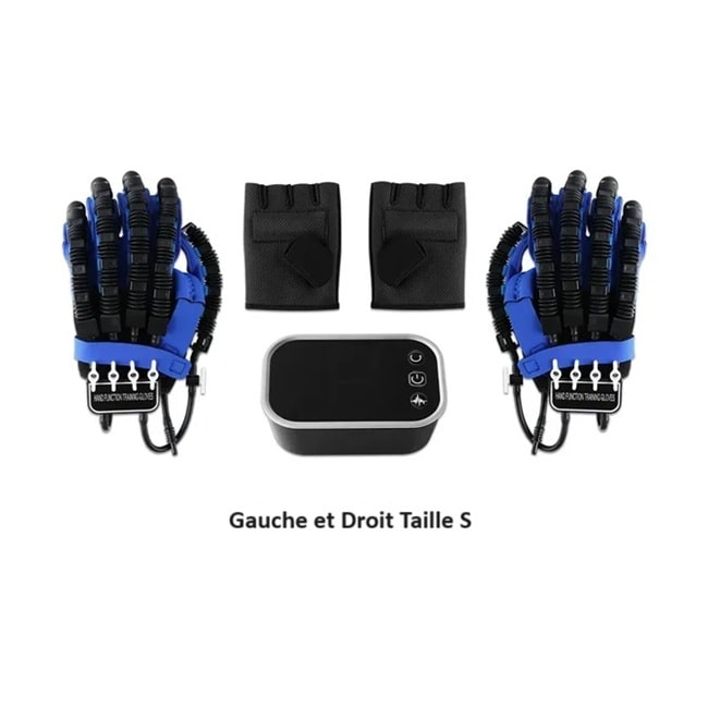 Gant de rééducation gauche et droit taille S avec son boitier de contrôle et leur gants miroir sur fond blanc