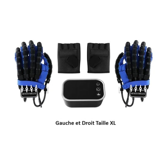 Gant de rééducation gauche et droit taille XL avec son boitier de contrôle et leur gants miroir sur fond blanc