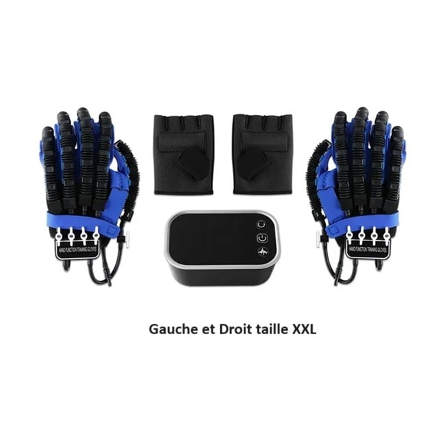 Gant de rééducation gauche et droit taille XXL avec son boitier de contrôle et leur gants miroir  sur fond blanc