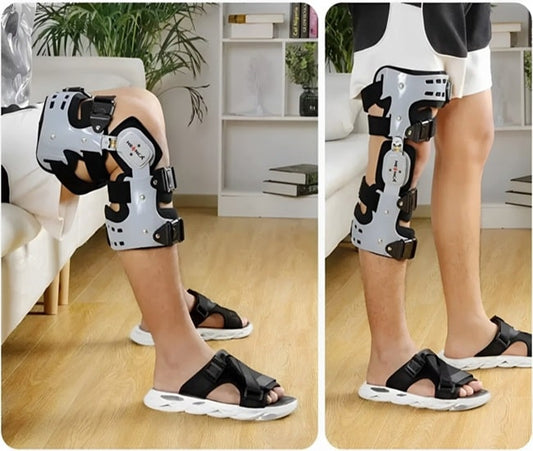 Attelle articulée pour le genou MaxSoutien, conçue pour offrir un soutien optimal et une stabilisation efficace des articulations du genou, idéale pour la rééducation et la protection, disponible chez Mr Bon Plan. deux image montrant l'attelle porter part un homme se levant du canapé .
