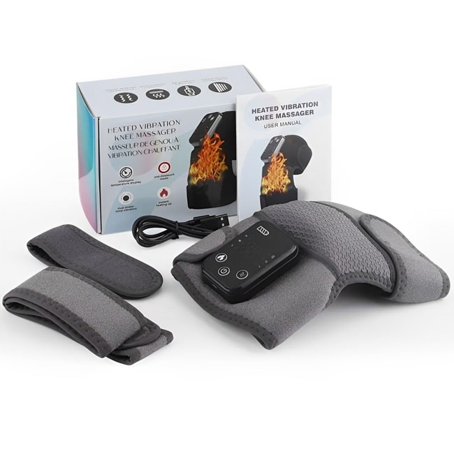 Genouillère chauffante et massante grise pour soulager les douleurs articulaires – accessoire de rééducation efficace pour le confort et le bien-être du genou avec le contenue de la boite velcro d'ajustement et cordon USB pour rechager