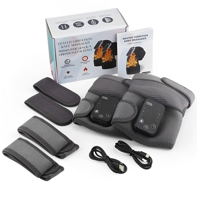 Double Genouillère chauffante et massante grise pour soulager les douleurs articulaires – accessoire de rééducation efficace pour le confort et le bien-être du genou avec le contenue de la boite velcro d'ajustement et cordon USB pour rechager