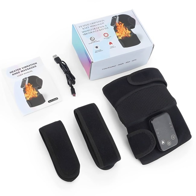 Genouillère chauffante et massante noire pour soulager les douleurs articulaires – accessoire de rééducation efficace pour le confort et le bien-être du genou avec le contenue de la boite velcro d'ajustement et cordon USB pour rechager