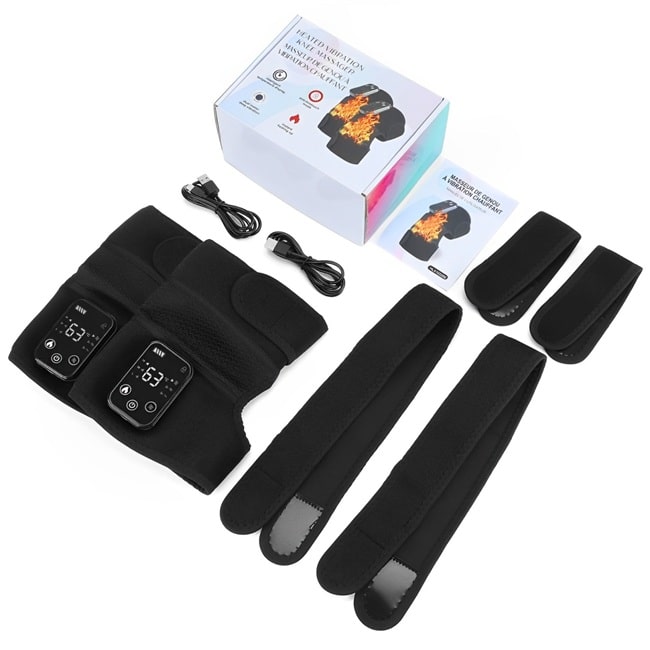 Double Genouillère chauffante et massante noire pour soulager les douleurs articulaires – accessoire de rééducation efficace pour le confort et le bien-être du genou avec le contenue de la boite velcro d'ajustement et cordon USB pour rechager