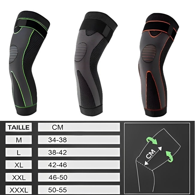 Genouillère longue FlexiGenou - compression optimale pour soutien et soulagement des douleurs articulaires, idéale pour les activités sportives et un confort au quotidien. Disponible sur Mr Bon Plan. Guide des tailles .