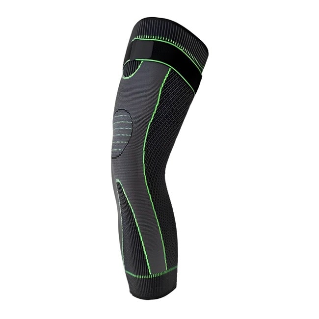 Genouillère longue FlexiGenou - compression optimale pour soutien et soulagement des douleurs articulaires, idéale pour les activités sportives et un confort au quotidien. Disponible sur Mr Bon Plan. De couleur verte .
