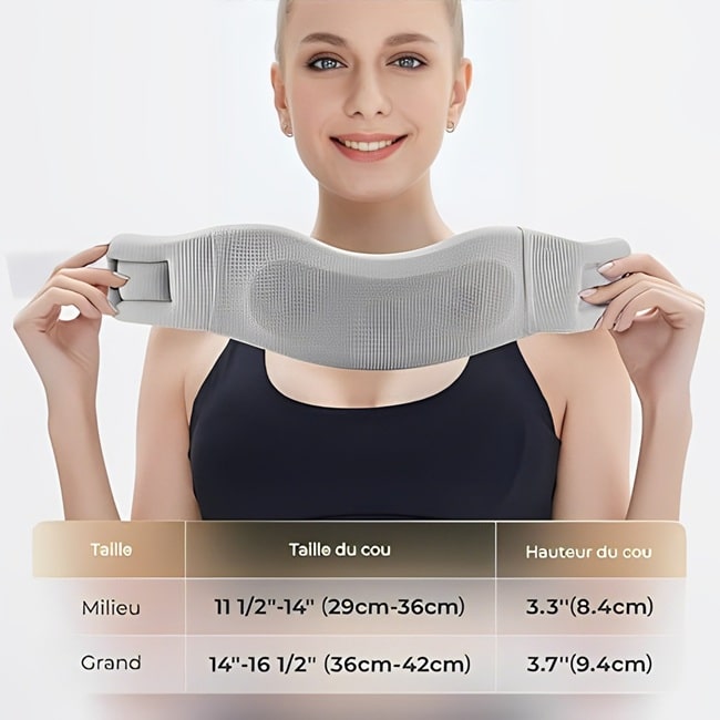 Collier cervical ergonomique réglable pour soulager les douleurs cervicales, conçu pour un confort optimal au bureau, en voyage ou à la maison, disponible sur Mr Bon Plan. Guide des tailles .