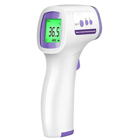 thermomètre digital part infrarouge  violet et blanc sur un fond blanc