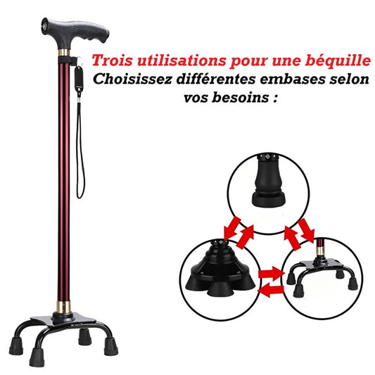 Canne de marche antidérapante avec lumière LED "Stabili'Canne" avec ses trois option d'embase couleur cuivré sur fond blanc
