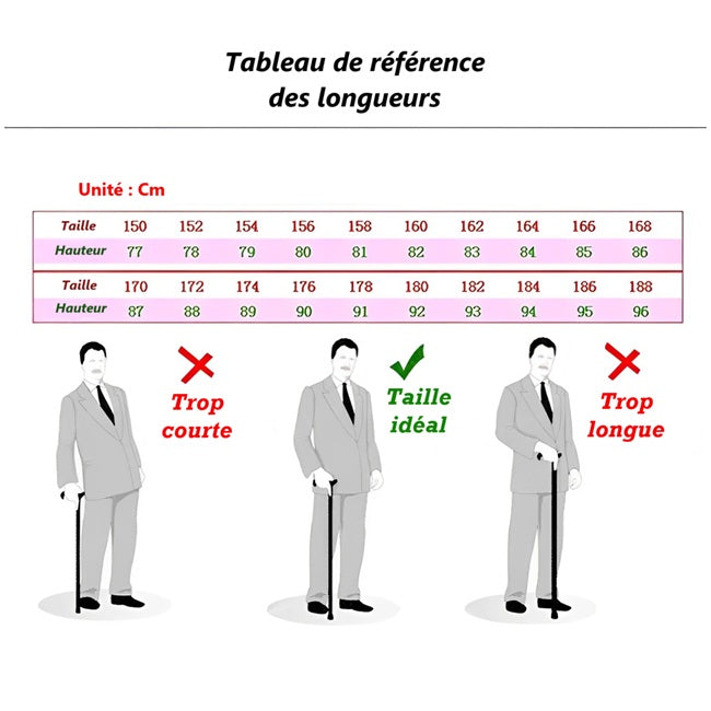 guide des taille de la Canne de marche antidérapante avec lumière LED "Stabili'Canne"