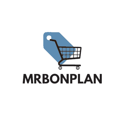 logo de la boutique mr bon plan un caddie avec une étiquette de prix accroché de couleur bleu