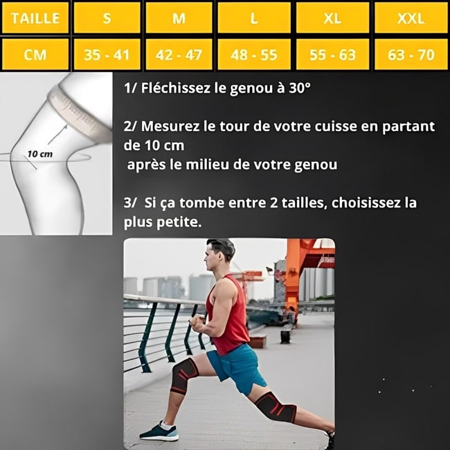 Genouillère FlexiSupport pour un soutien optimal des genoux, soulagement des douleurs et confort durable pour les activités sportives et quotidiennes, disponible sur Mr Bon Plan. Guide des tailles .