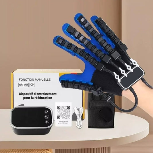 gant robotique de rééducation pour la main et les doigts avec sa boite de rangement son boitier de contrôle le câble USB et le gant miroir poser sur une table