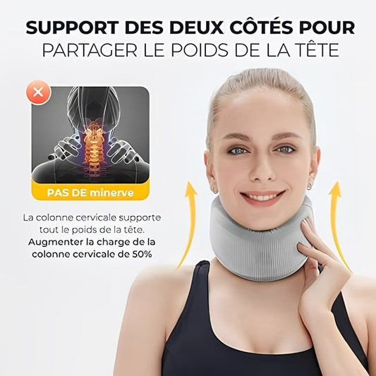 Collier cervical ergonomique réglable pour soulager les douleurs cervicales, conçu pour un confort optimal au bureau, en voyage ou à la maison, disponible sur Mr Bon Plan.