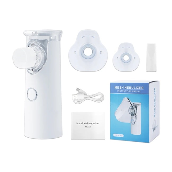 présentation du nebulisateur blanc avec sa boite de transport et ses accessoires sur fond blanc 