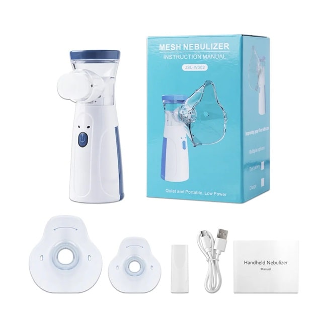présentation du nebulisateur bleu avec sa boite de transport et ses accessoires sur fond blanc 