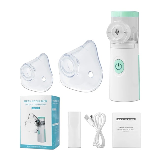 présentation du nebulisateur vert
 avec sa boite de transport et ses accessoires sur fond blanc 