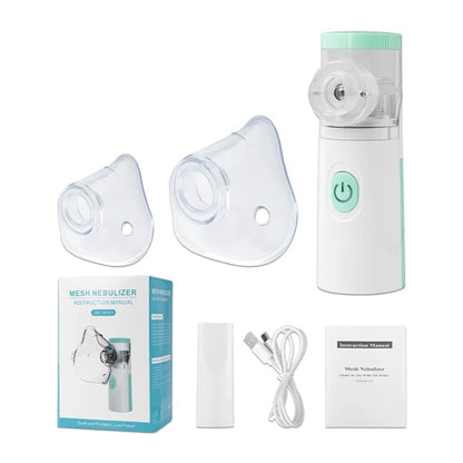 présentation du nebulisateur vert
 avec sa boite de transport et ses accessoires sur fond blanc 